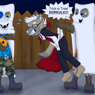 Alfonzo out trick or treating dressed up as a vampire being lifted up off the ground by his underwear and having his candy stolen by a pair of "candy ghosts"