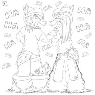 Tokky and cliff laughing really hard together about something; both are dressed in a really baggy fit consisting of baggy jnco jeans, baggy shirts and beanies; Cliff is wearing the kangaroo jeans and Tokky the Skunk jeans