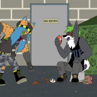 Pic featuring me and Panty Pups character Barry hangin out in a back alley, drinkin and bein rowdy together.
