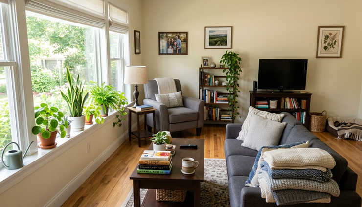 Wide-angle view of a bright clean living room with folded blankets and clear surfaces