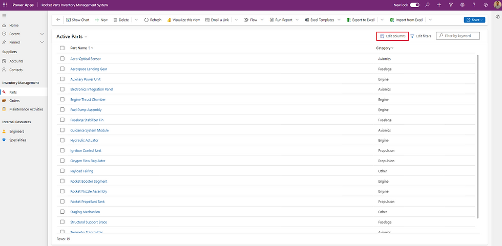 Where the edit column button is located in a model-driven app