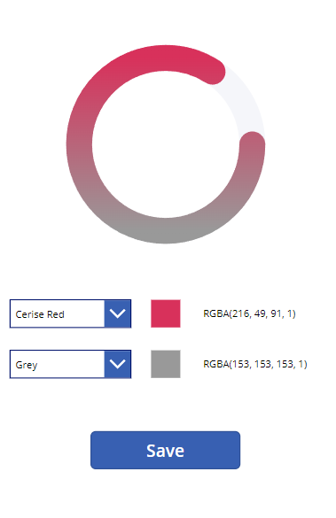 A screenshot from the canvas app showing the radial progression bar, 2 dropdowns to change the colours and a save button