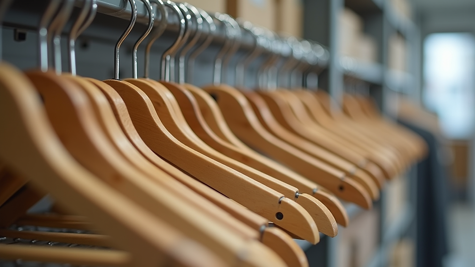 Eye-level view of wooden FSC-certified hangers hanging neatly on a rack