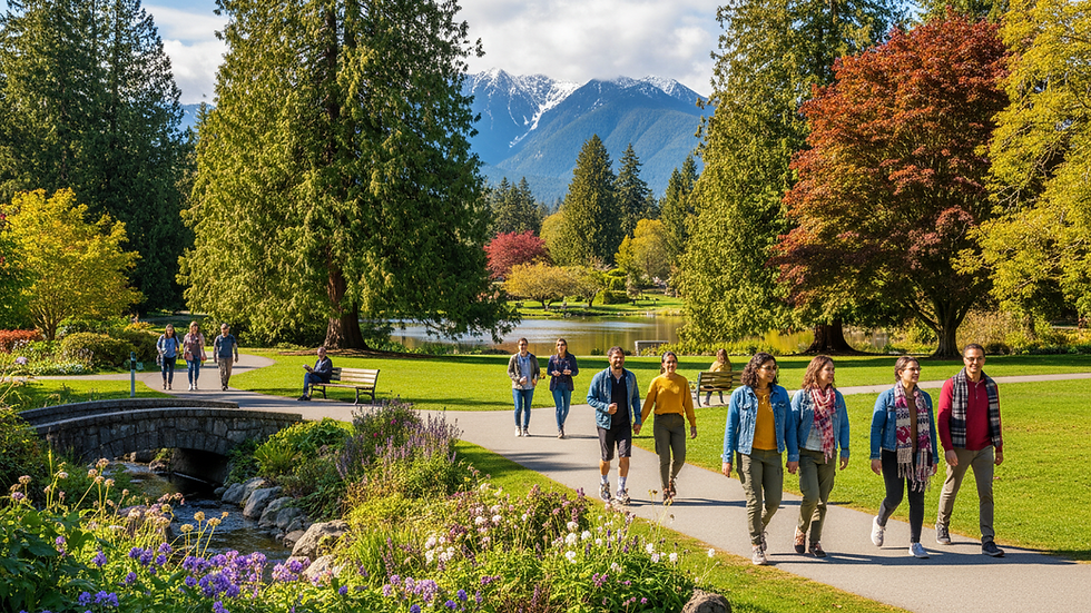 Wide angle view of a peaceful Vancouver park with tall trees and walking paths