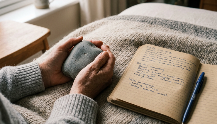 Close-up of hands holding a smooth stone beside a notebook on a blanket