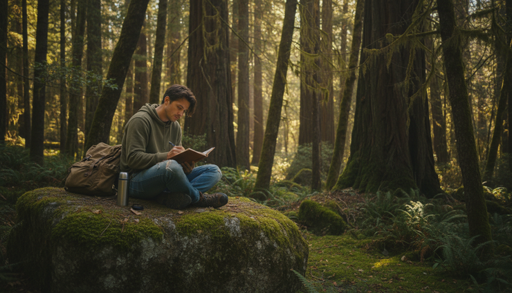 Eye-level view of a person sitting alone on a forest boulder with a notebook.