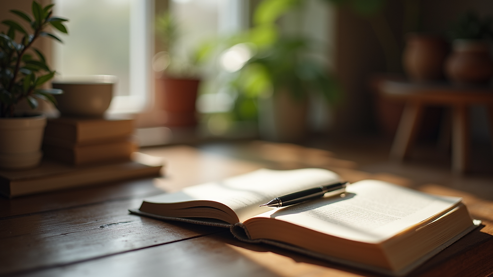 Eye-level view of a cozy reading nook with a journal and pen on a wooden table