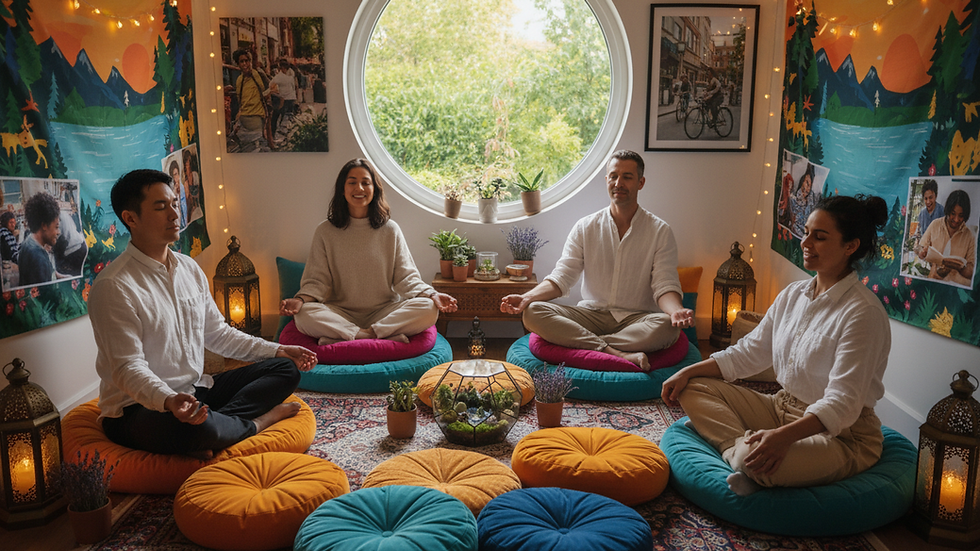 Close-up view of a cozy meditation space with cushions and soft lighting