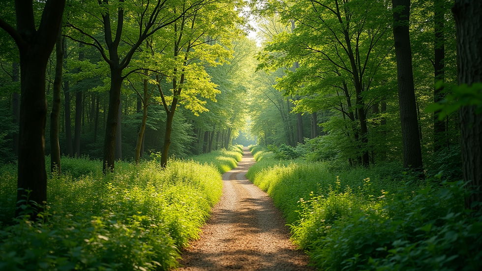 High angle view of a peaceful nature trail surrounded by green trees, symbolizing a journey to healing