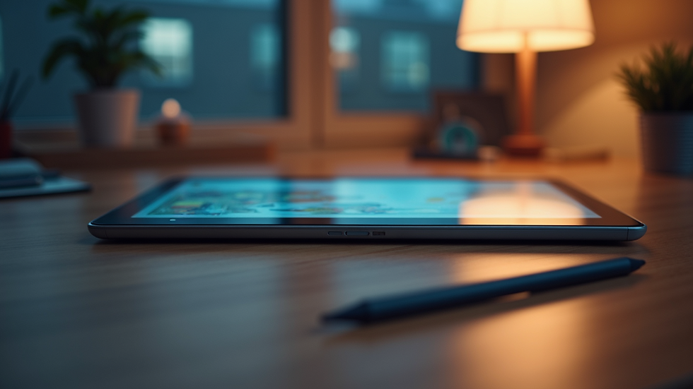 Tablet and stylus on a wooden desk in a cozy, warmly lit room with a window. Soft, ambient lighting creates a calming mood.