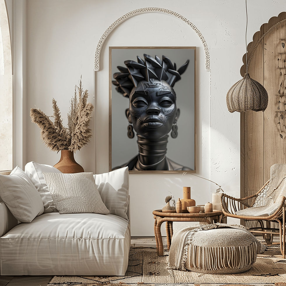 Thumbnail: stone face woman print framed above white lounge sofa