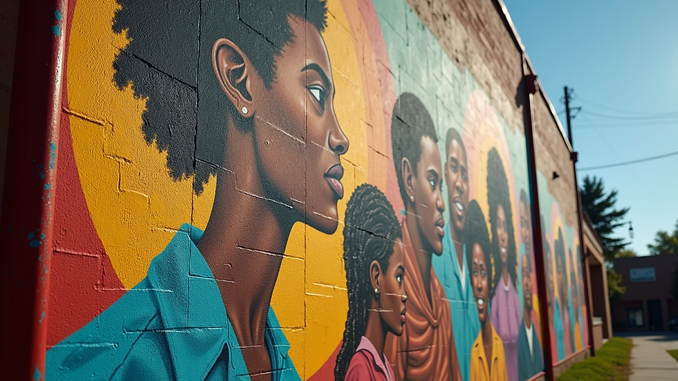Eye-level view of a vibrant mural showcasing African American cultural symbols