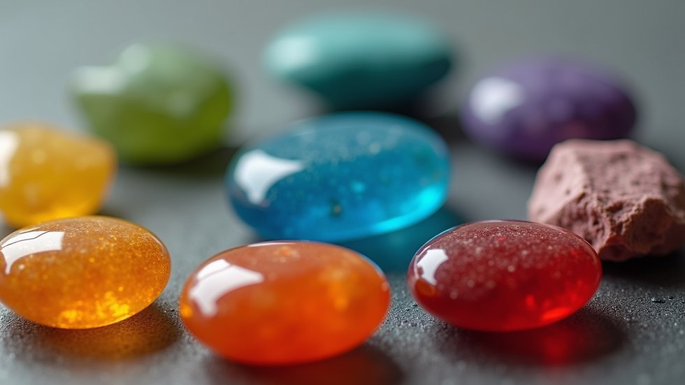 Close-up view of colorful chakra stones arranged in a circle