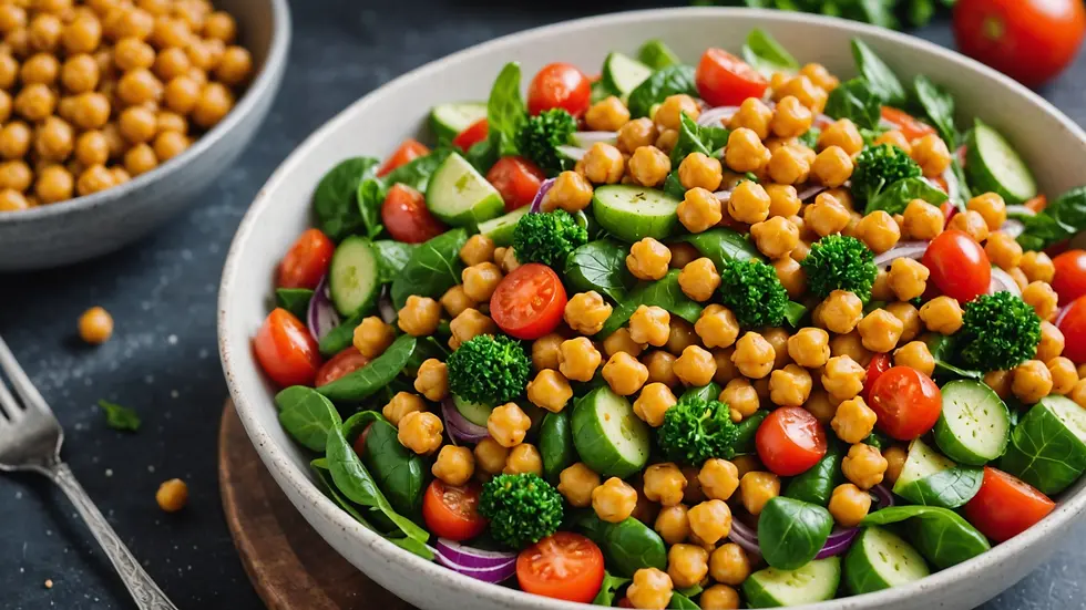 Eye-level view of a colorful Mediterranean salad featuring chickpeas and fresh vegetables