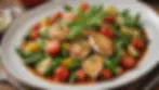 Close-up view of a fresh Mediterranean dish garnished with herbs