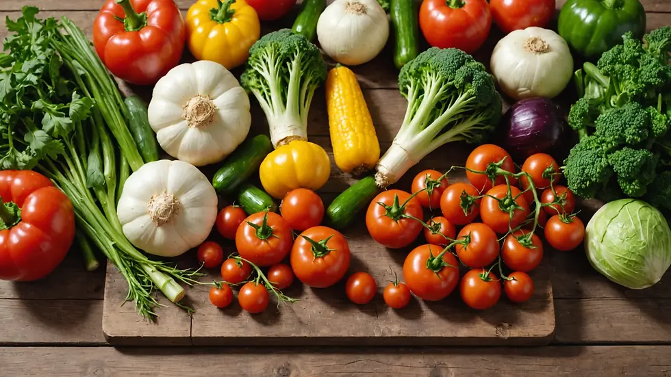 Close-up of a rustic wooden table filled with fresh seasonal vegetables