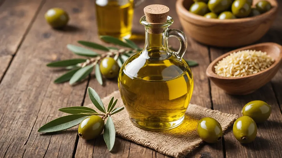 Close-up view of a bottle of extra virgin olive oil on a wooden table