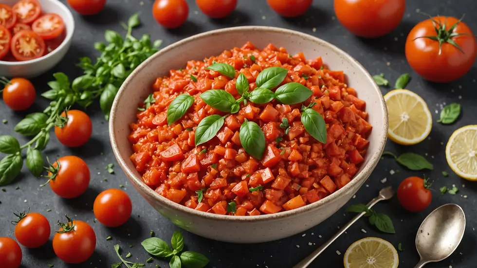 High angle view of a bowl of crushed tomatoes with herbs