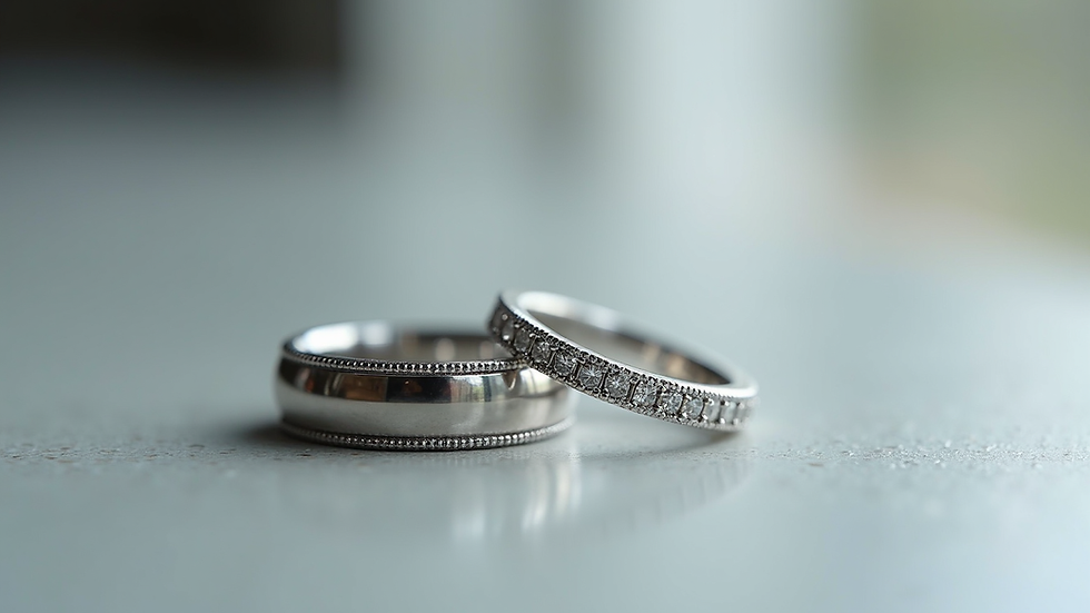 close-up view of platinum wedding bands with diamonds