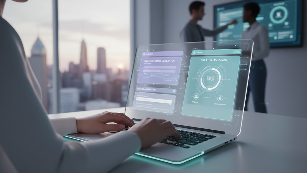 Close-up view of a person typing on a laptop with AI content tools on screen
