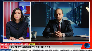 Expert show host and guest on AI topic, discussing about artificial intelligence revolutio