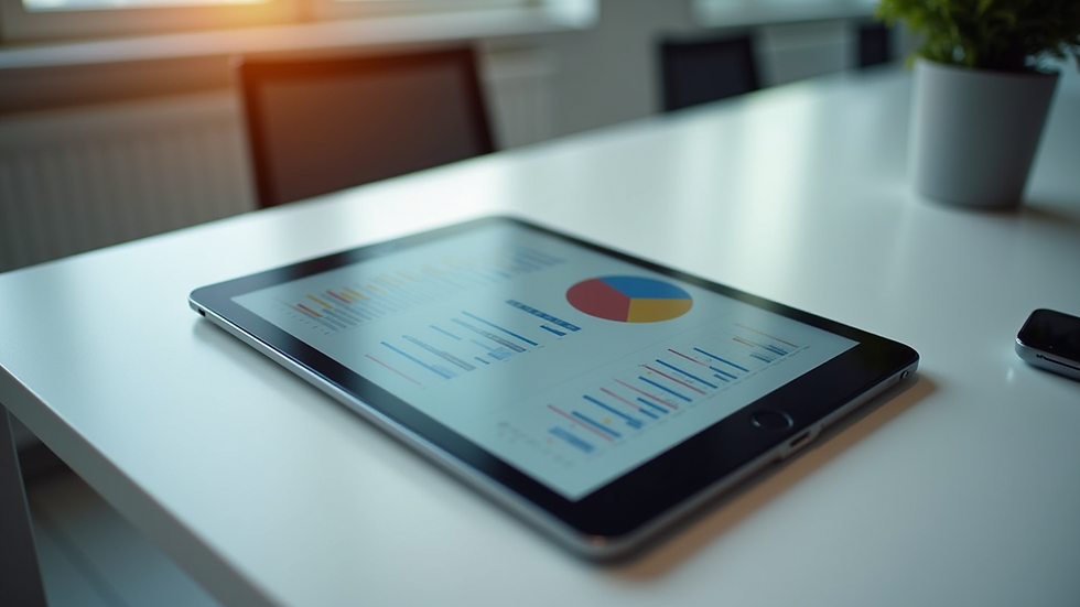 High angle view of a desk with a tablet displaying AI analytics dashboard