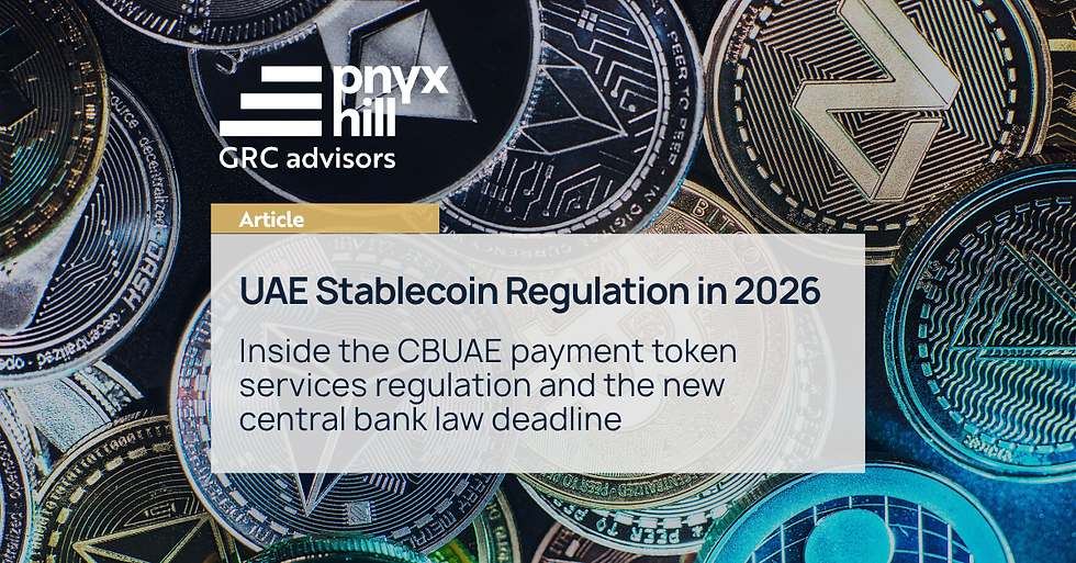 Article graphic with overlapping cryptocurrency coins and headline: UAE Stablecoin Regulation in 2026, by Phyx Hill GRC advisors