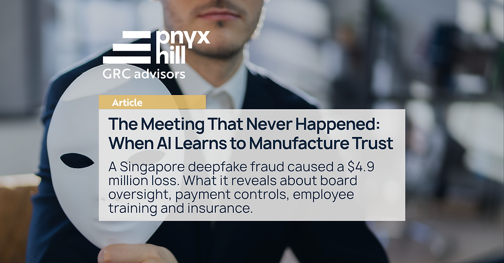 Suited man holds a white mask in an office; article overlay reads The Meeting That Never Happened about deepfake fraud.