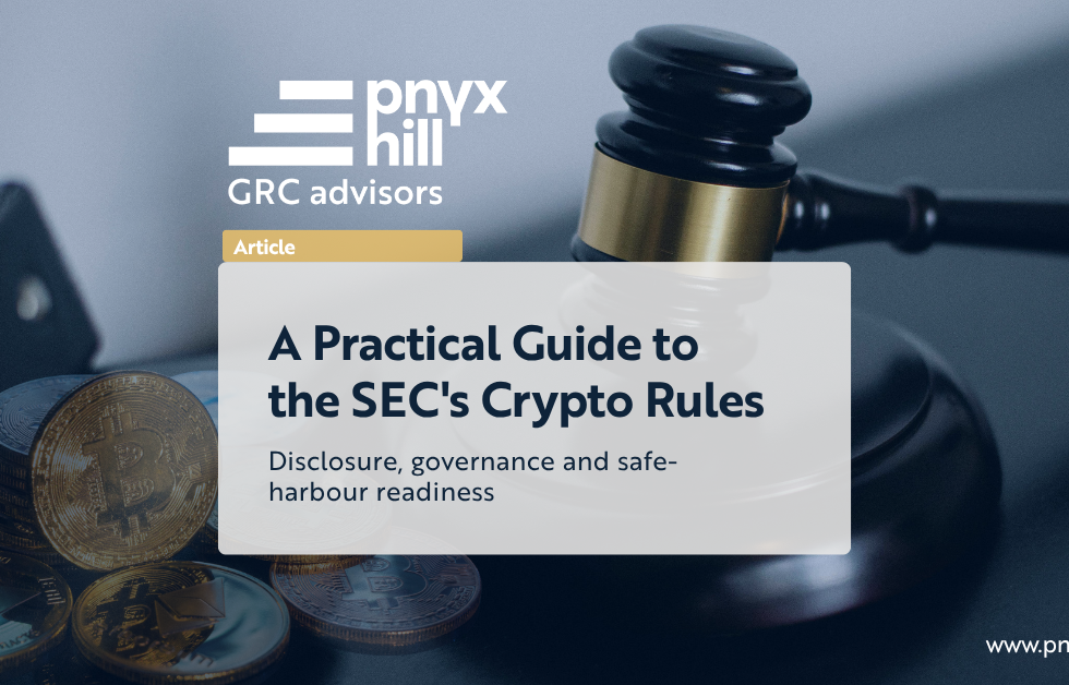 Practical guide to SEC Regulation Crypto Assets — digital coins and a judge's gavel representing crypto regulation and compliance.