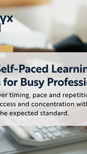 Self-Paced Learning works for busy professionals without lowering the expected standards, image of a busy preofessional learning remotely on their laptop