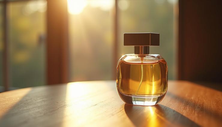 Close-up view of a perfume bottle on a wooden table with soft natural light