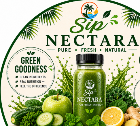 Sip Nectara Green Goodness hero artwork with bottle, greens, citrus and text badge, bright green and cream tones, landscape