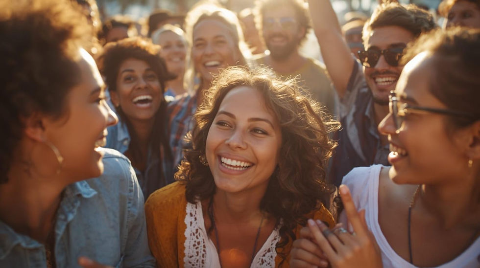 A group of smiling people enjoying a vibrant outdoor event under sunlight. The mood is joyful, with warm colors and a cheerful atmosphere.