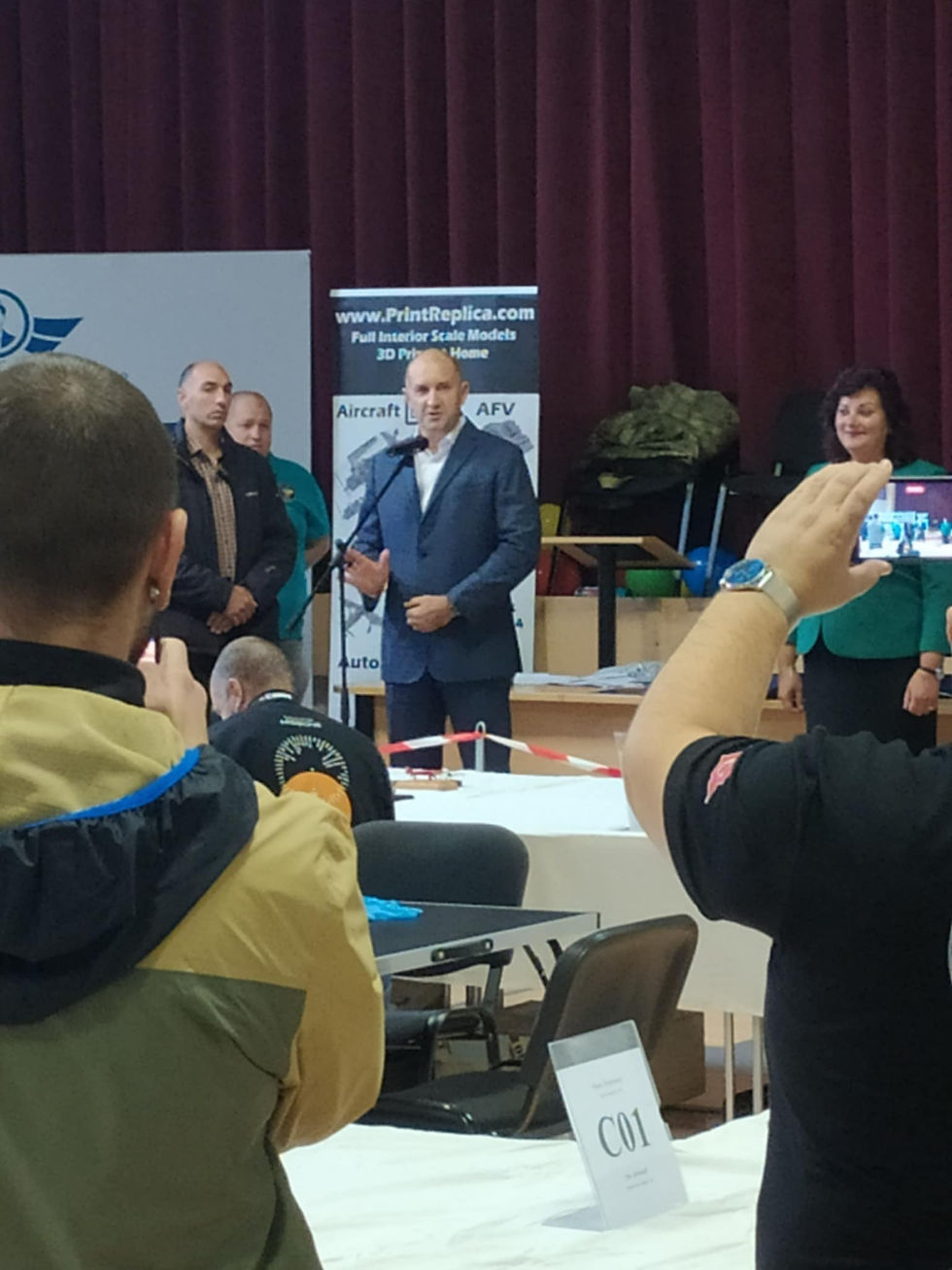 President of the Republic of Bulgaria Rumen Radev giving a speech in front of the Aladdin Model (ex print-replica) banner