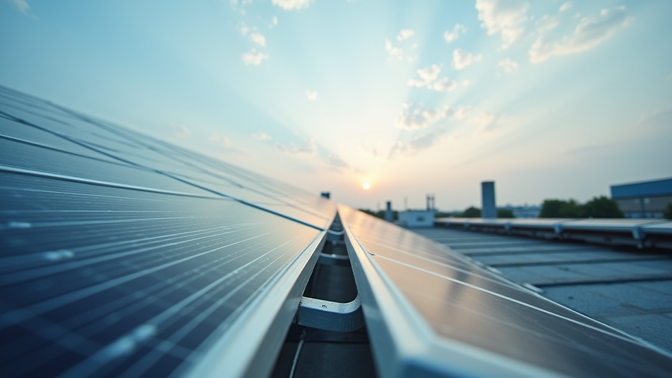 Eye-level view of solar panel array on industrial rooftop