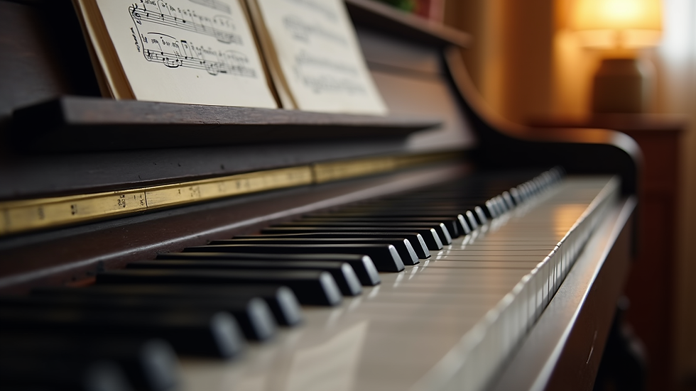 Close-up view of a piano keyboard with sheet music on a stand
