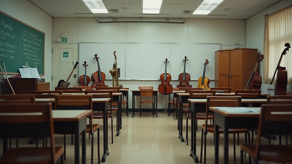 Eye-level view of a music classroom with various instruments arranged neatly