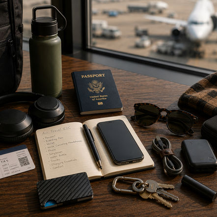 Travel essentials arranged on a table including a passport, notebook, headphones, phone, reusable water bottle, and everyday carry gear before a trip.