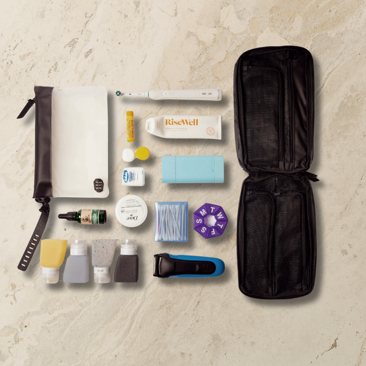 hanging travel toiletry organizer that keeps toiletries, grooming essentials, and liquids neatly separated and easy to