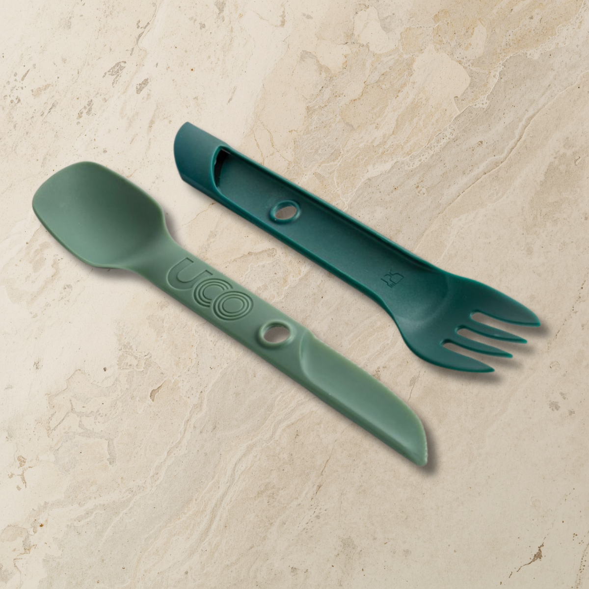 UCO Switch Spork reusable camping utensil set available in Camp Green and Sand