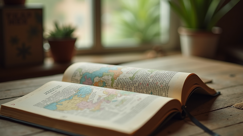 Vista de un rincón acogedor con libros y mapas del mundo