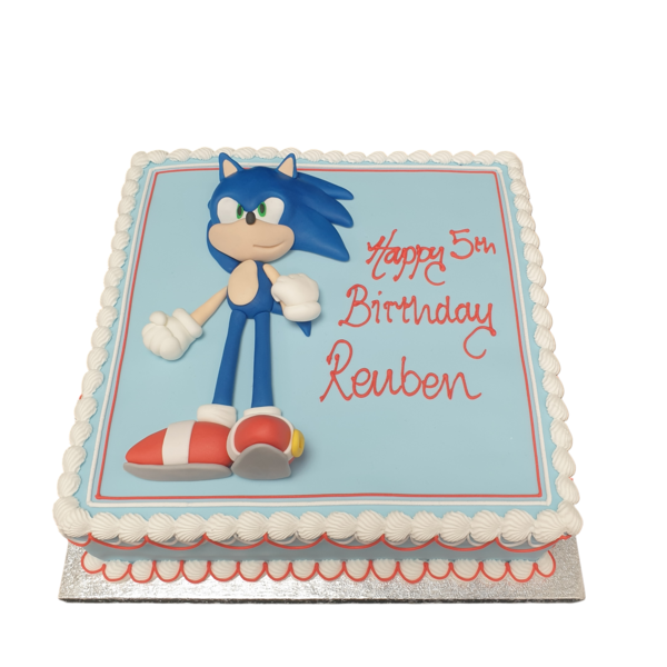 A vibrant and detailed Sonic the Hedgehog themed celebration cake with colourful decorations and intricate design, perfect for fans of the popular video game character.
