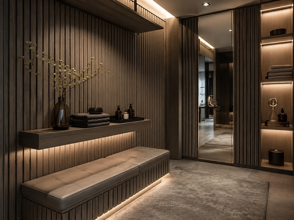 Sīktēls: PEKERWOOD acoustic wood panel interior inspiration — grey taupe design