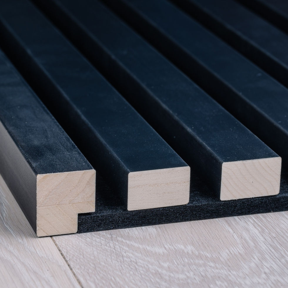Anthracite end moulding installed with acoustic wood panels