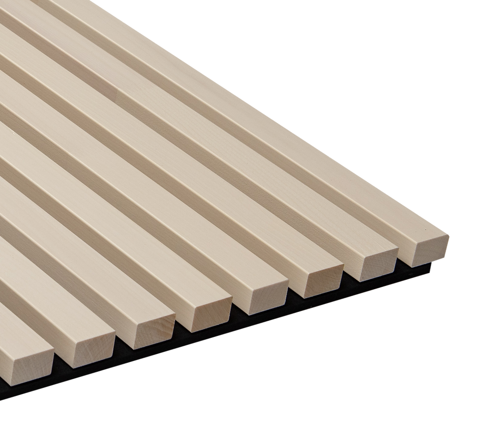 Real solid white-finished aspen acoustic panel detail on black felt