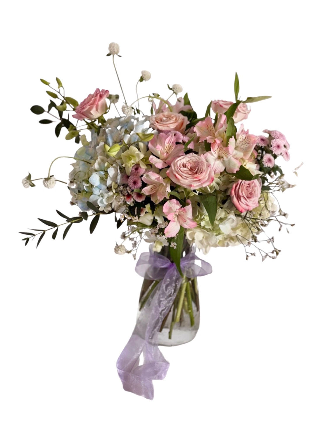 Hydrangea and Rose in Glass Vase