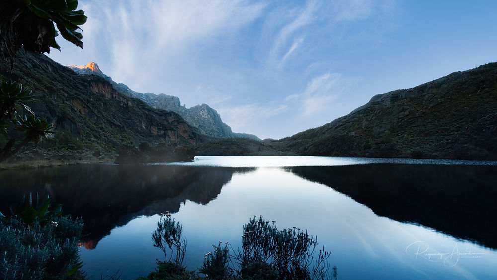 Stille vann reflekterer fjellene i Rwenzori, Uganda