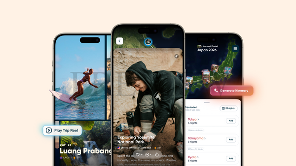Three smartphone screens display travel apps. A surfer, a park explorer, and Japan itinerary text are visible, set against a light background.