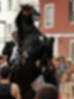 A black horse rears up, ridden by a man in a suit, surrounded by a crowd on a street with red and white buildings in the background.