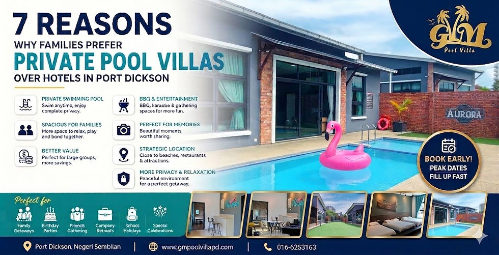 Luxury private pool villa in Port Dickson with spacious modern design, family-friendly swimming pool, BBQ area, and relaxing staycation environment perfect for family gatherings, group holidays, and weekend getaways in Malaysia.